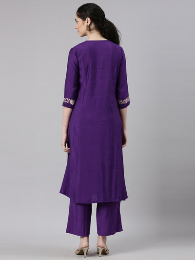 Neerus Purple Straight Casual Floral Kurta and Trouser