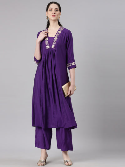 Neerus Purple Straight Casual Floral Kurta and Trouser