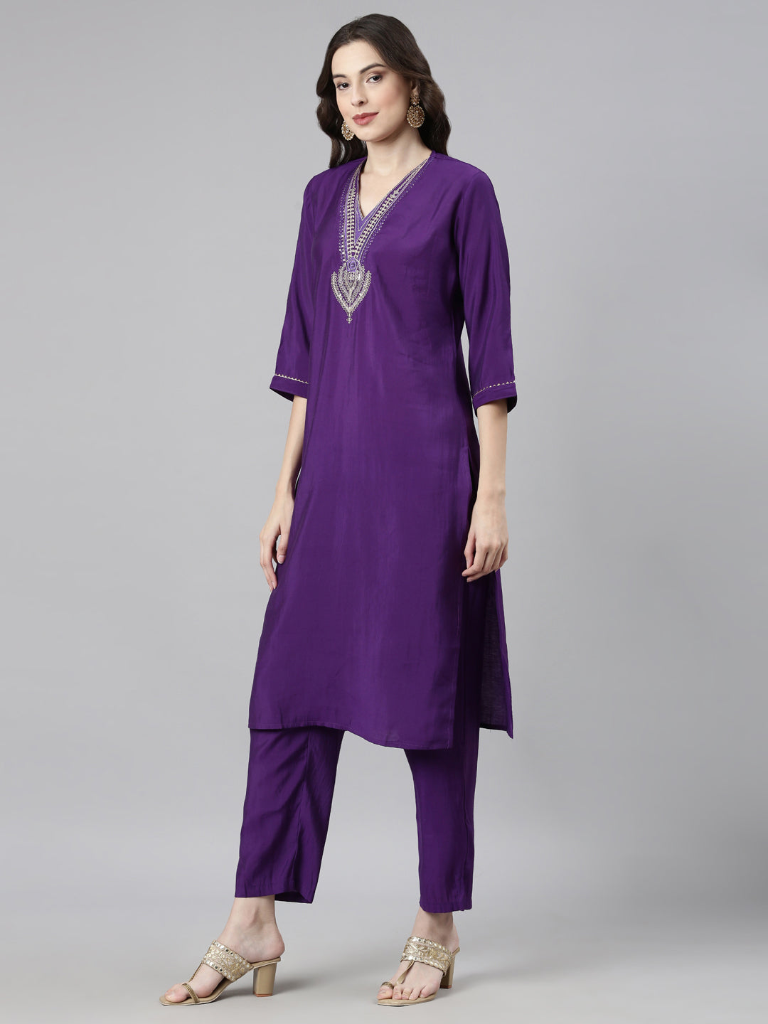 Neerus Purple Casual Solid Straight Kurta and Trousers With Dupatta