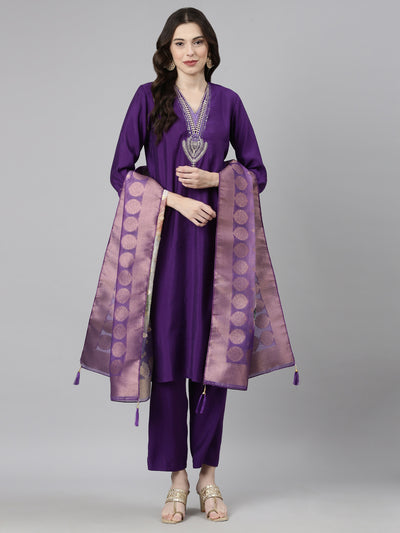 Neerus Purple Casual Solid Straight Kurta and Trousers With Dupatta