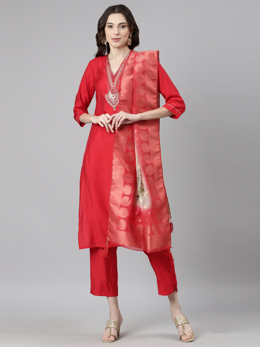 Neerus Red Casual Solid Straight Kurta and Trousers With Dupatta