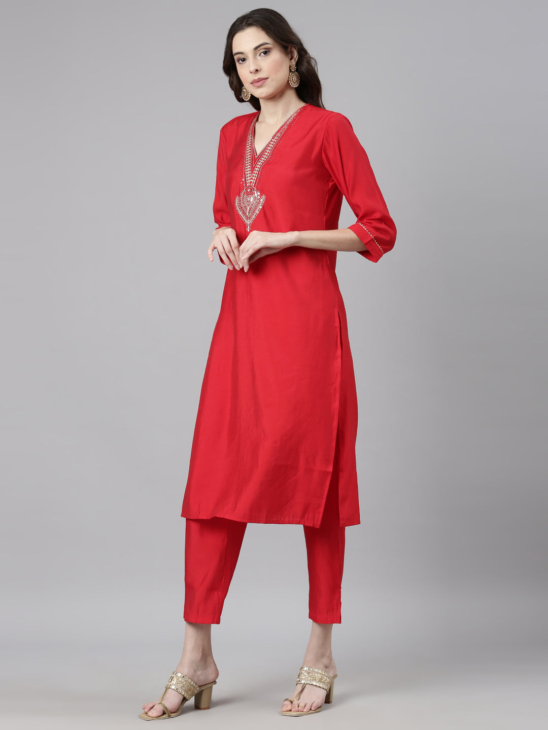 Neerus Red Casual Solid Straight Kurta and Trousers With Dupatta