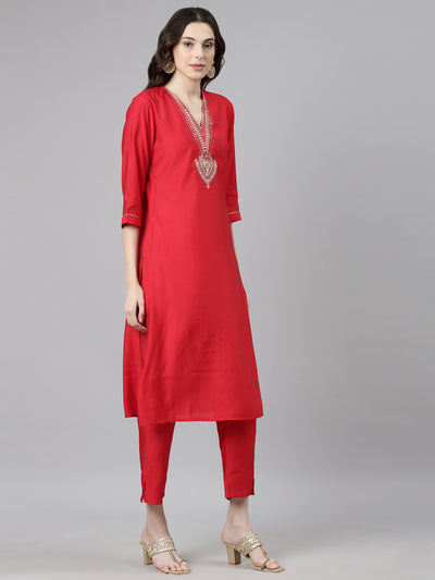 Neerus Red Casual Solid Straight Kurta and Trousers With Dupatta