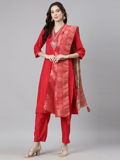 Neerus Red Casual Solid Straight Kurta and Trousers With Dupatta