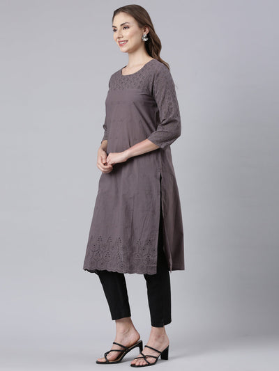 Neerus Black Panelled Straight Floral Kurtas