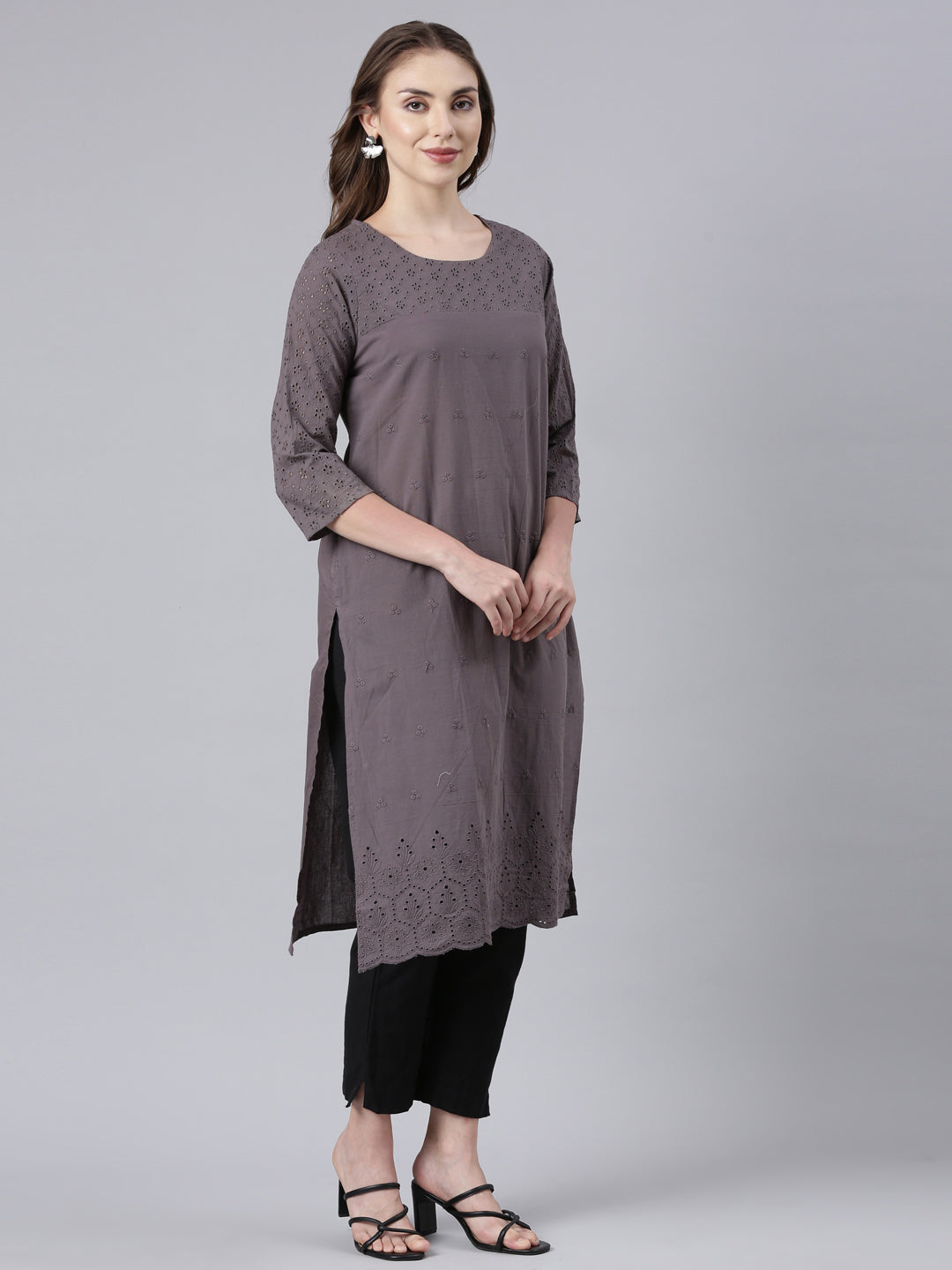 Neerus Black Panelled Straight Floral Kurtas