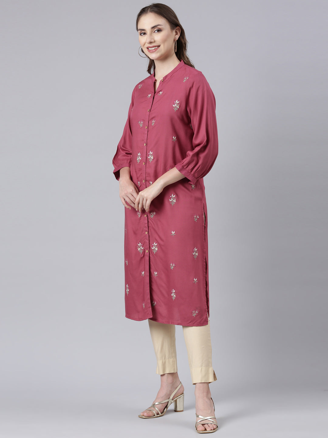 Neerus Pink Panelled Straight Floral Kurtas