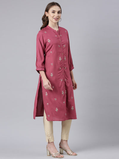 Neerus Pink Panelled Straight Floral Kurtas