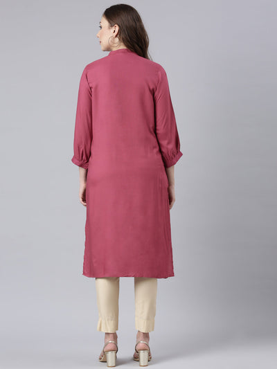 Neerus Pink Panelled Straight Floral Kurtas