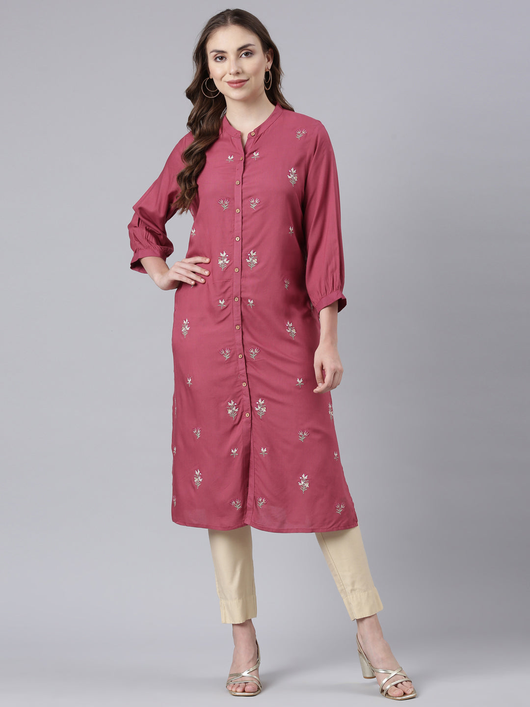 Neerus Pink Panelled Straight Floral Kurtas