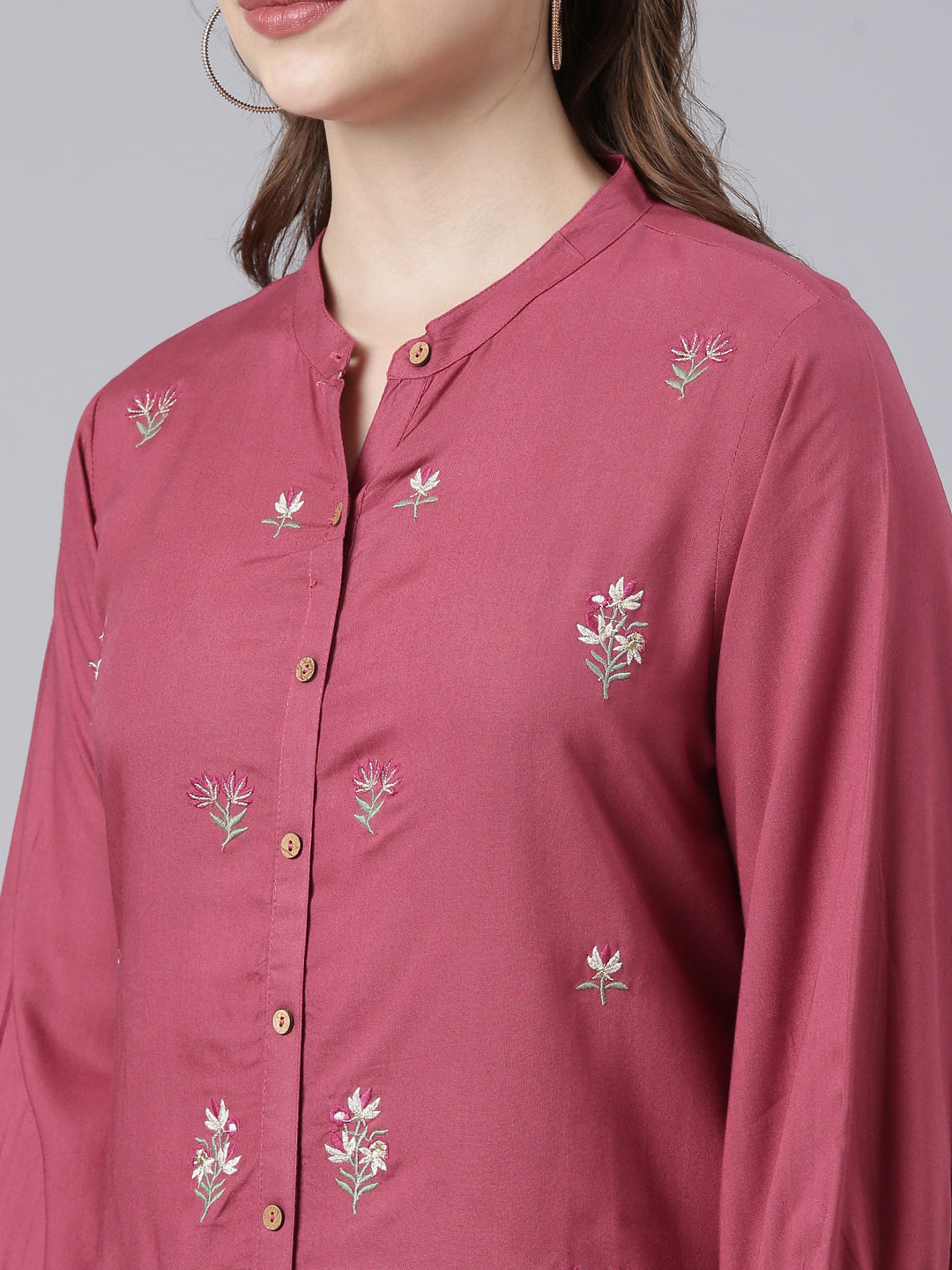 Neerus Pink Panelled Straight Floral Kurtas