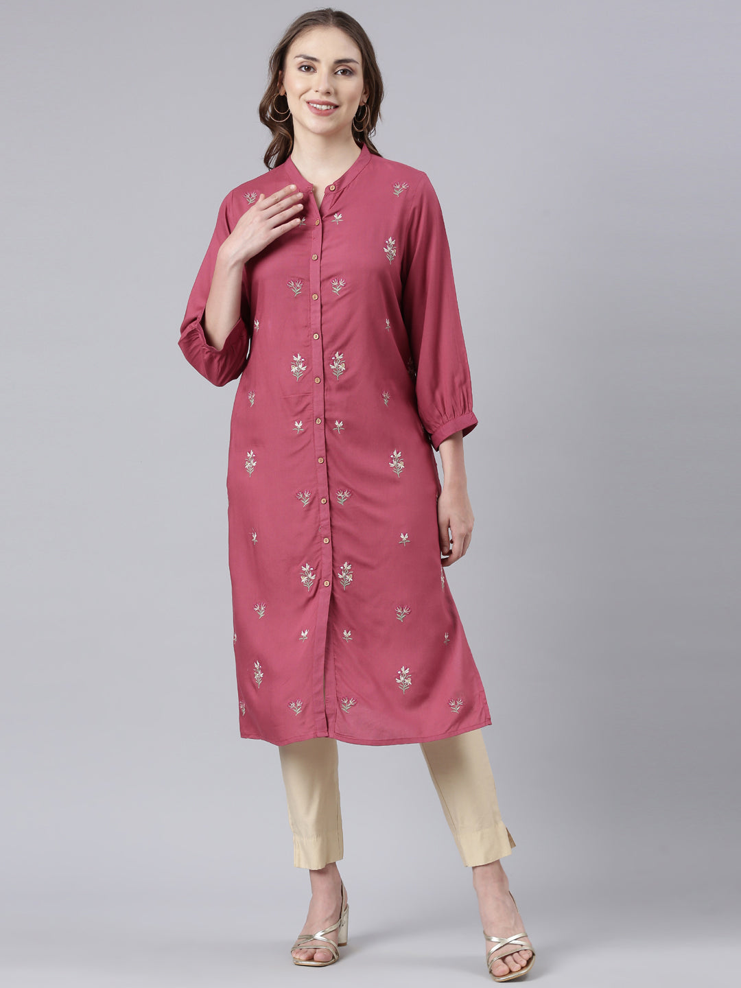 Neerus Pink Panelled Straight Floral Kurtas