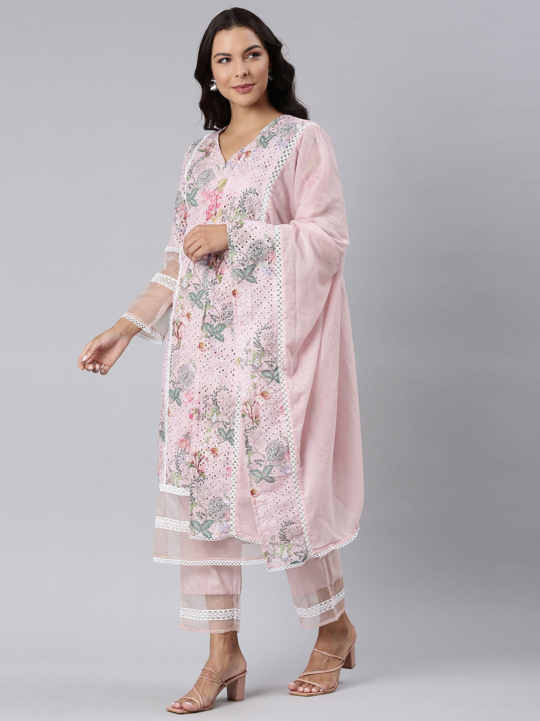 Neerus Pink Panelled Straight Printed Kurta And Trousers With Dupatta