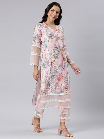 Neerus Pink Panelled Straight Printed Kurta And Trousers With Dupatta