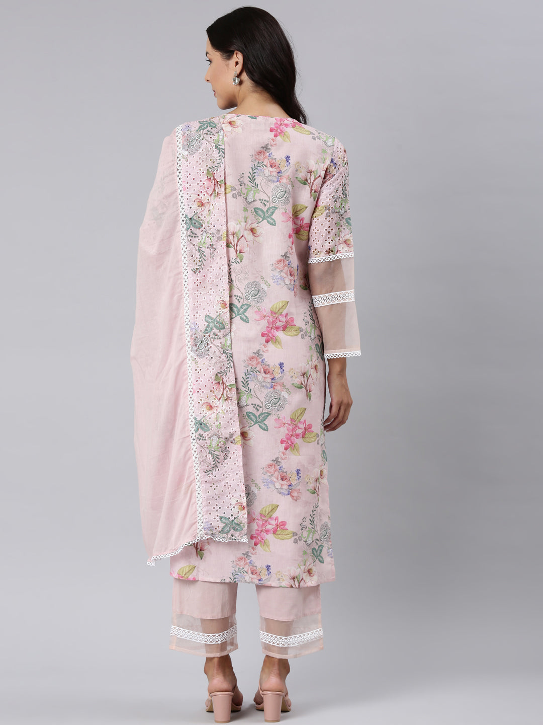 Neerus Pink Panelled Straight Printed Kurta And Trousers With Dupatta