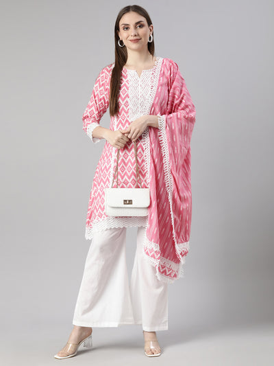 Neerus Pink Regular Straight Chevron Kurti And  Palazzos With Dupatta