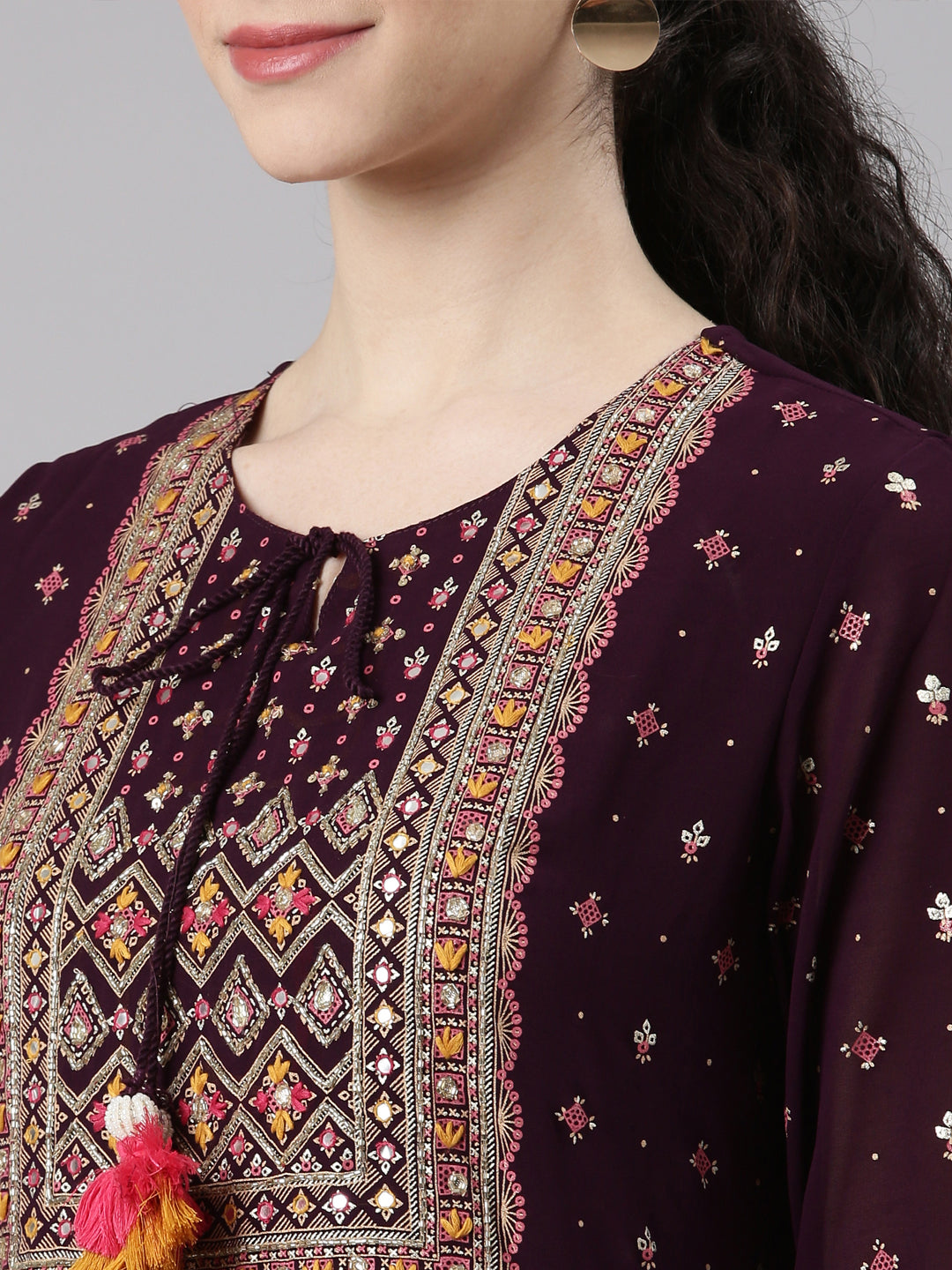 Neerus Maroon Straight Casual Floral Kurta and Trouser with Dupatta