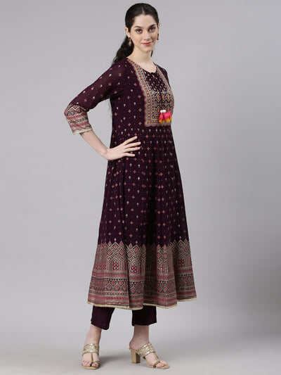 Neerus Maroon Straight Casual Floral Kurta and Trouser with Dupatta