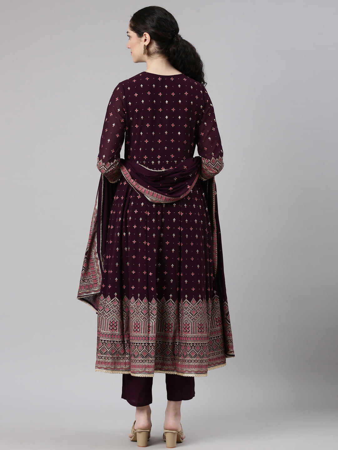 Neerus Maroon Straight Casual Floral Kurta and Trouser with Dupatta