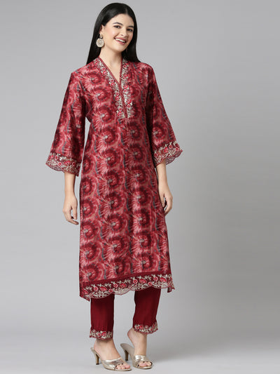 Neerus Maroon Casual Ombre Straight Kurta and Trousers With Dupatta