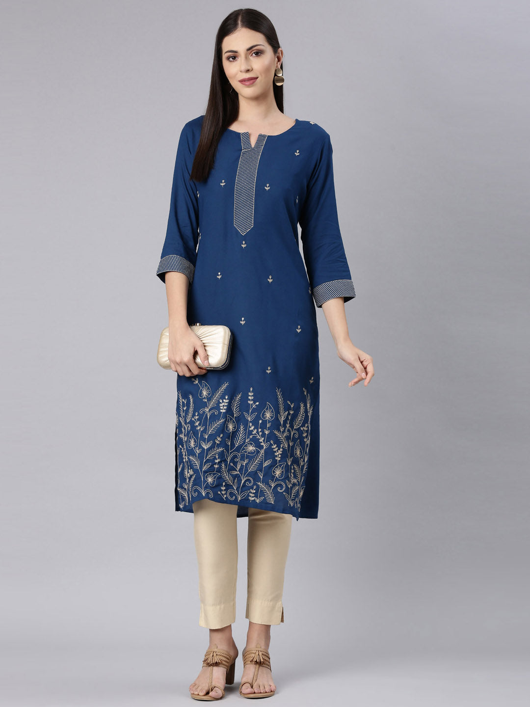 Neerus Blue Straight Casual Solid Straight Kurtas