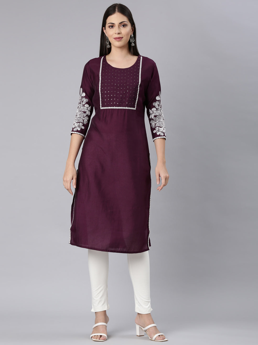 Neerus Purple Straight Casual Solid Straight Kurtas