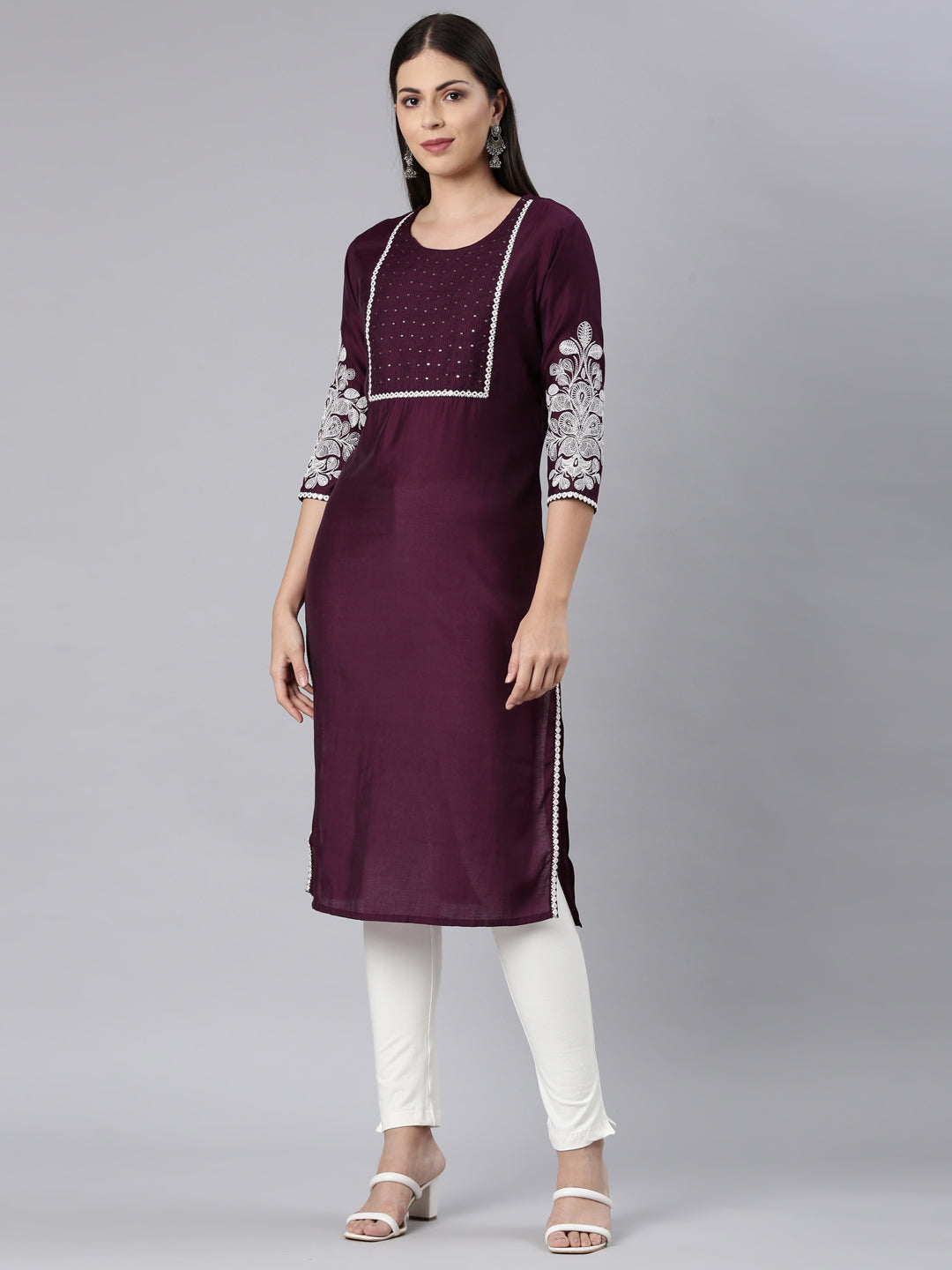 Neerus Purple Straight Casual Solid Straight Kurtas