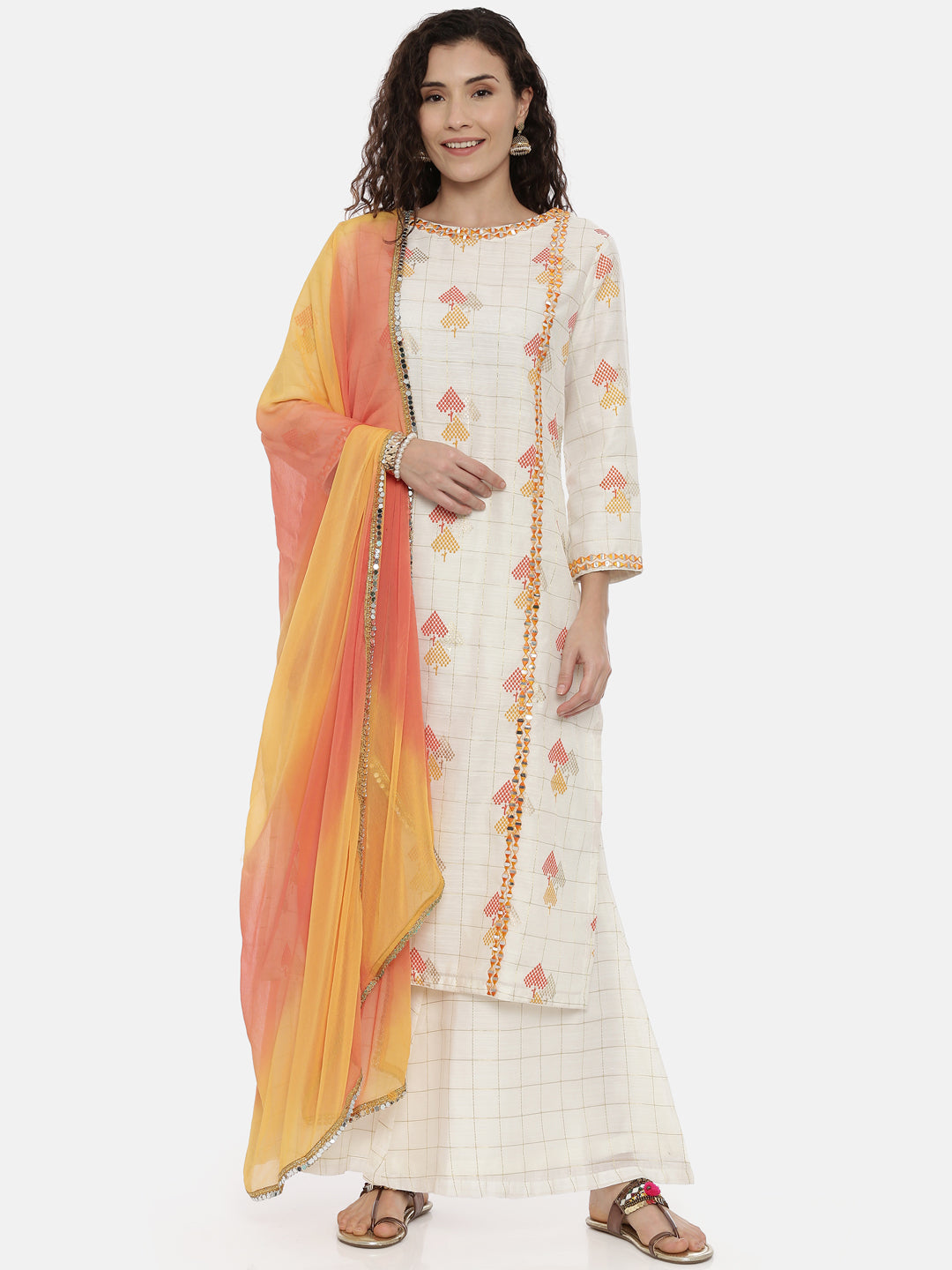 Neerus Women Cream-Coloured Embroidered Kurta with Palazzos and Dupatta