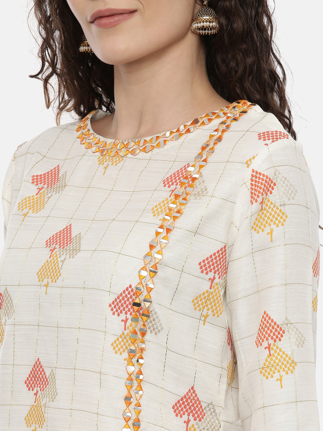 Neerus Women Cream-Coloured Embroidered Kurta with Palazzos and Dupatta