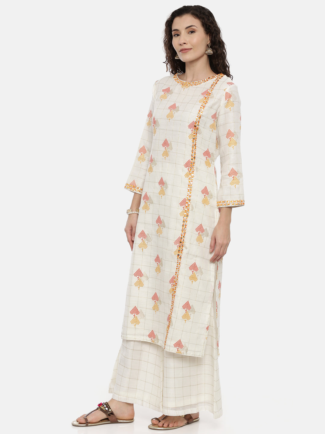 Neerus Women Cream-Coloured Embroidered Kurta with Palazzos and Dupatta