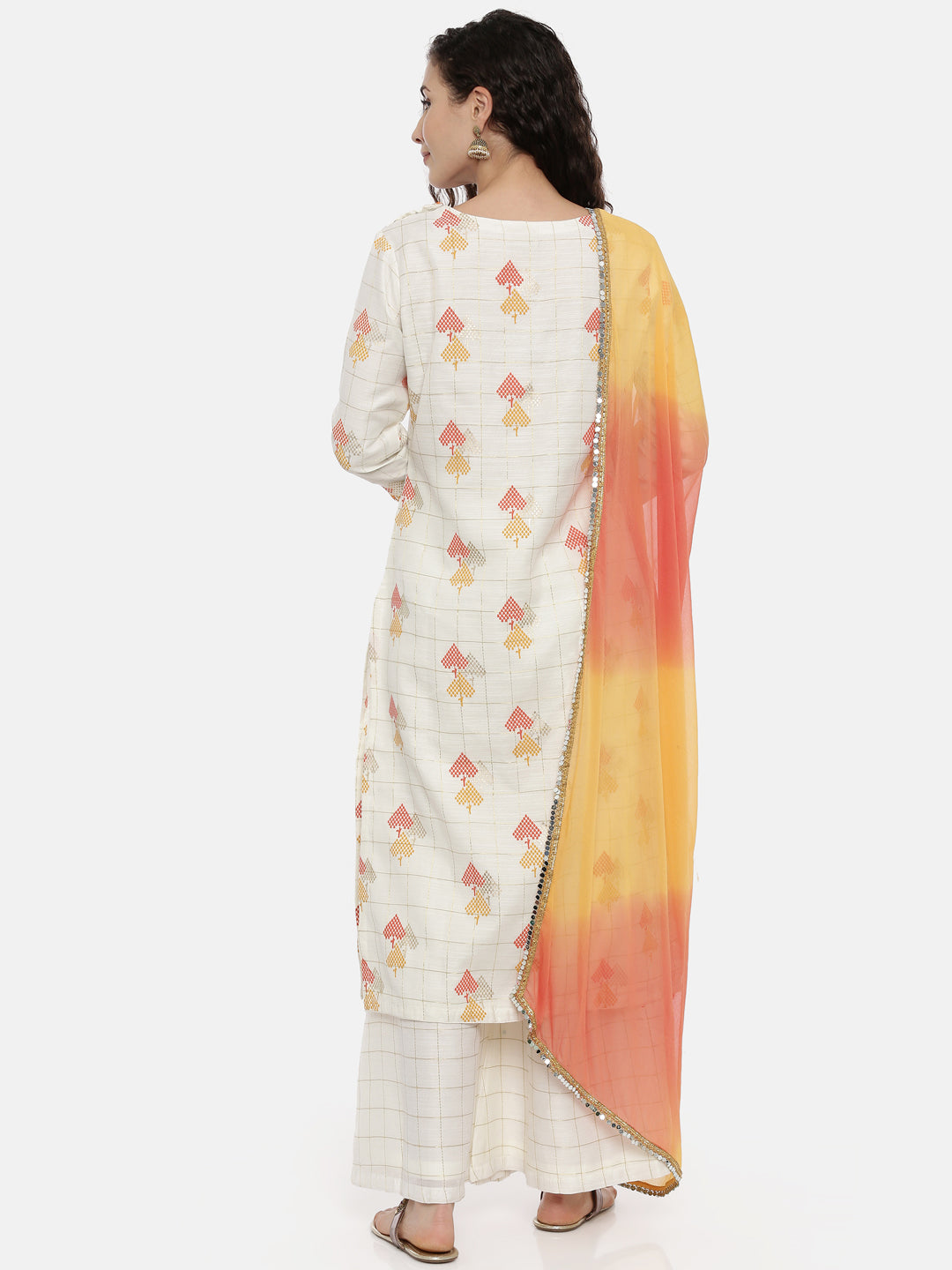 Neerus Women Cream-Coloured Embroidered Kurta with Palazzos and Dupatta