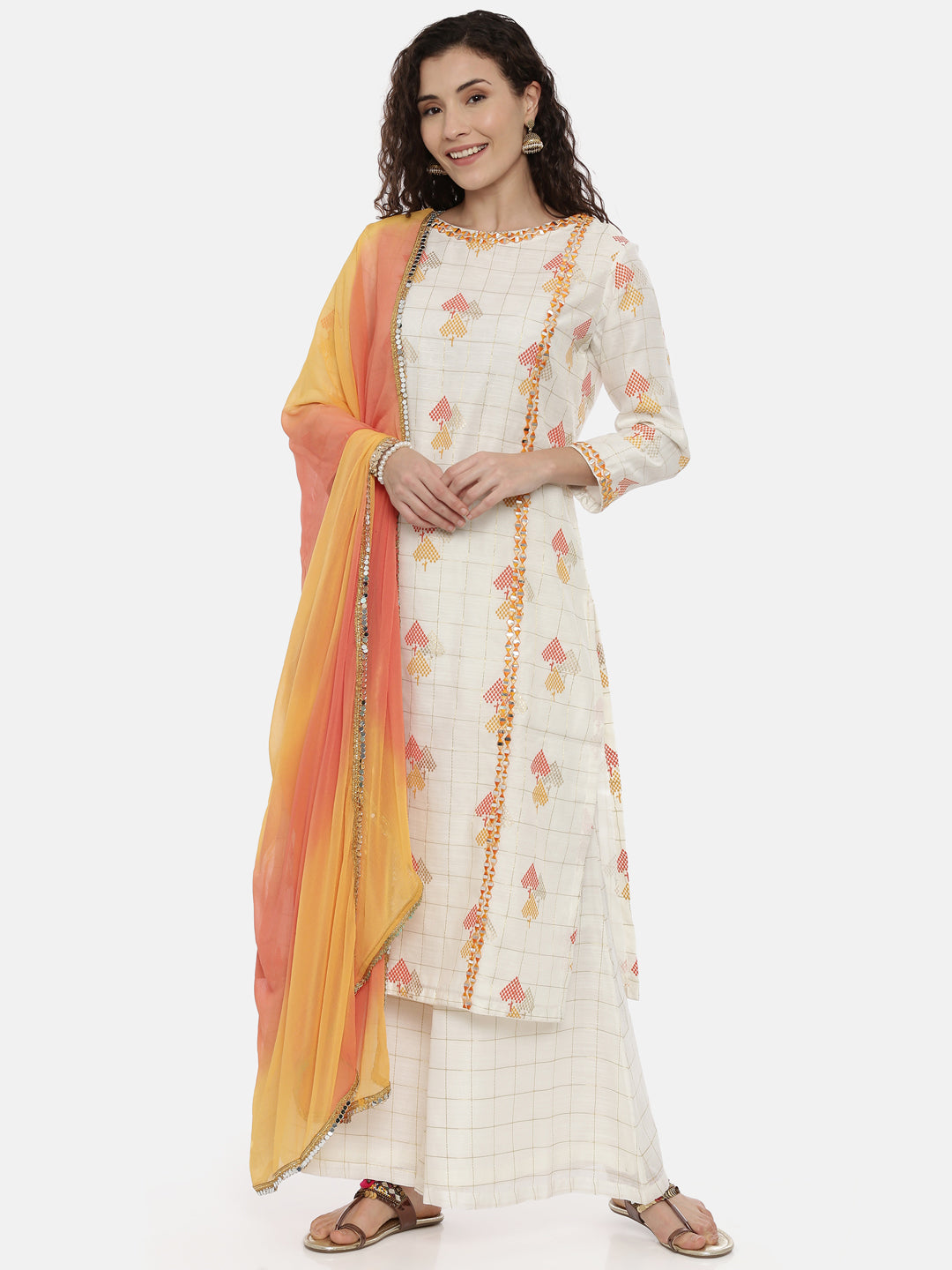 Neerus Women Cream-Coloured Embroidered Kurta with Palazzos and Dupatta