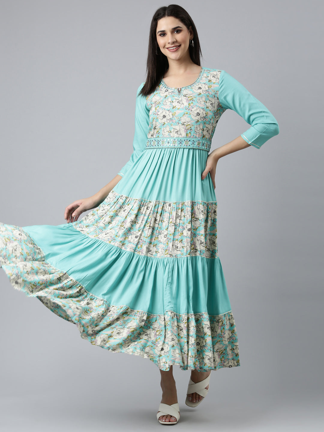Neeru's Sea Green Straight Casual Embroidered Dress