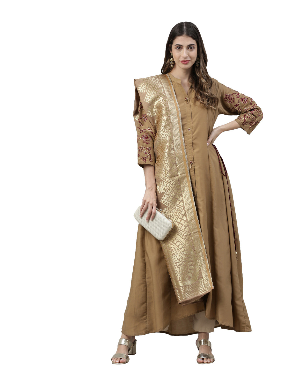 Neerus Women Brown Golden Ethnic Motifs Thread Work Kurta