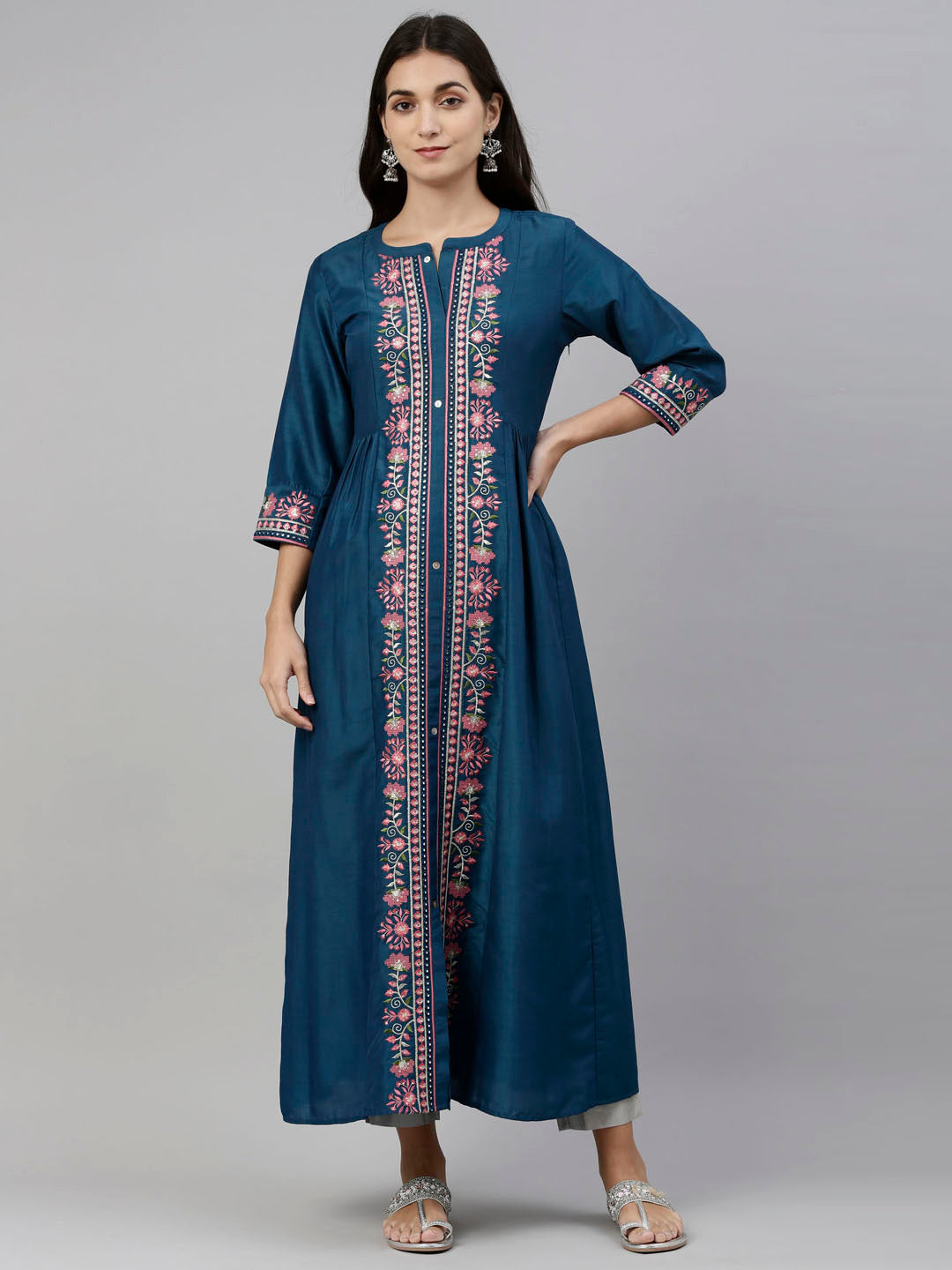 Neerus Women Blue Pink Floral Embroidered A-Line Kurta