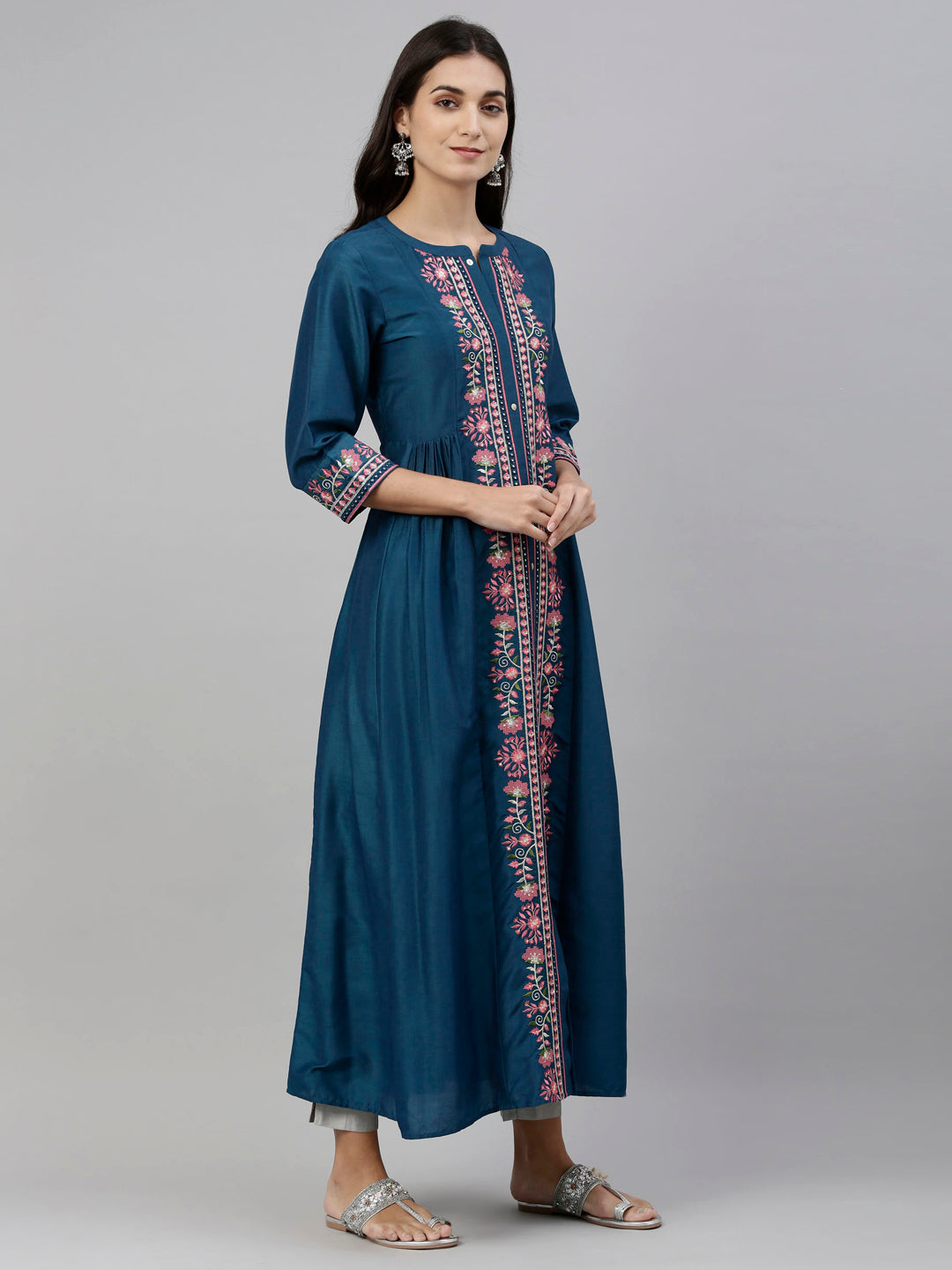 Neerus Women Blue Pink Floral Embroidered A-Line Kurta