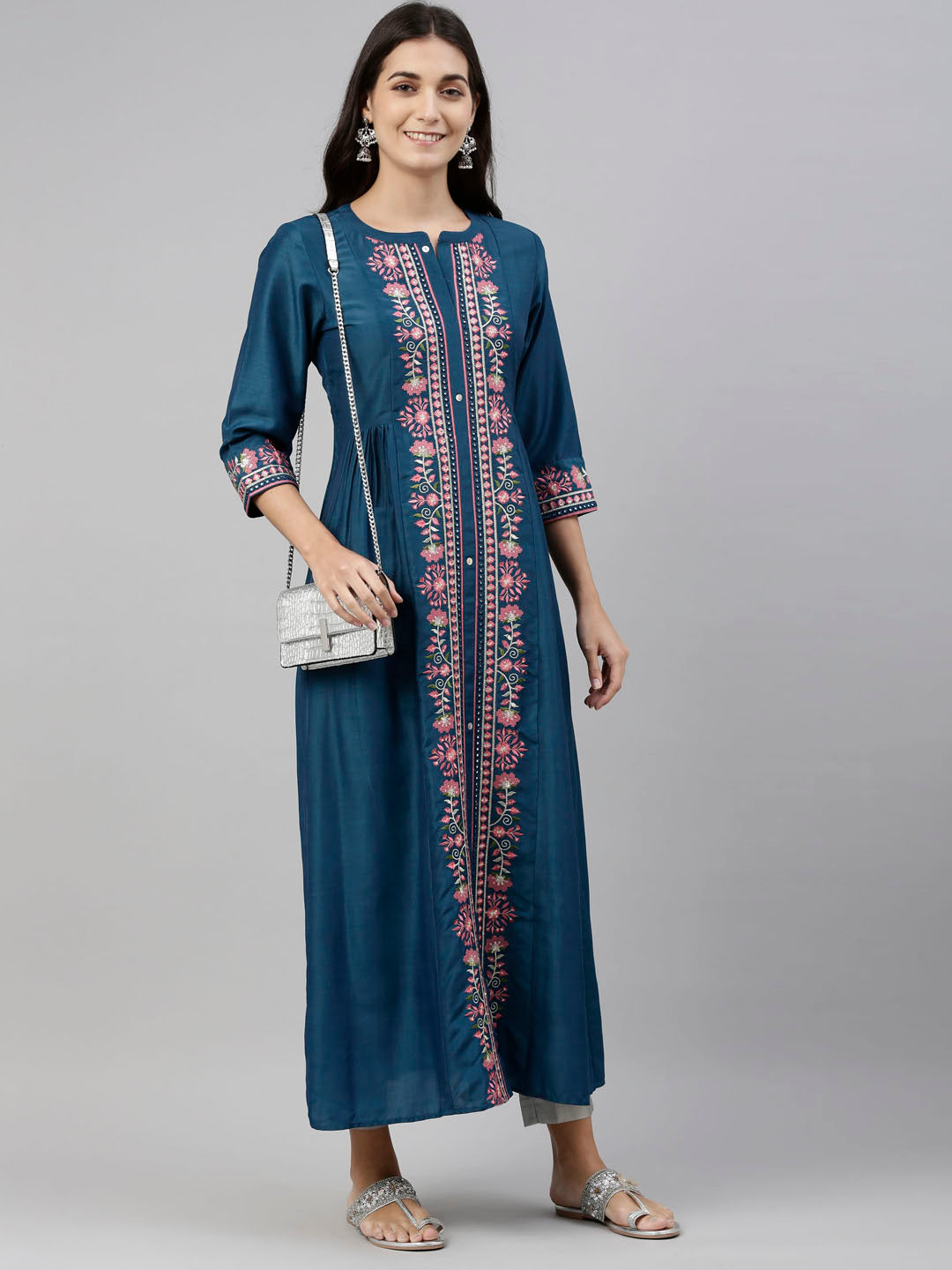 Neerus Women Blue Pink Floral Embroidered A-Line Kurta