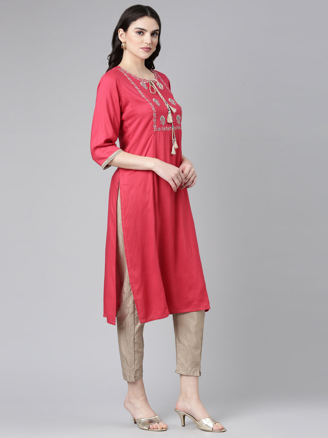 Neeru's Pink Regular Straight Solid Kurta And Trousers