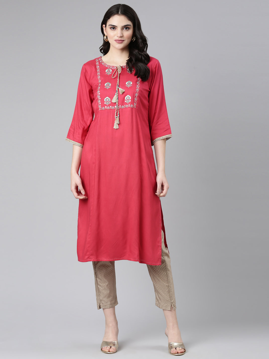 Neeru's Pink Regular Straight Solid Kurta And Trousers