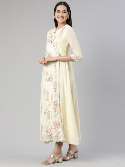 Neeru's Cream-Coloured Floral Georgette Ethnic Maxi Maxi Dress