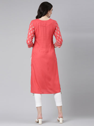 Neeru's Red Regular Straight Printed Kurta