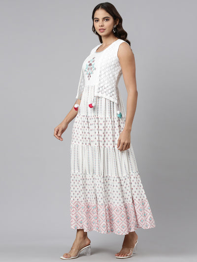 Neeru's Off White Straight Casual Printed Maxi Dresses