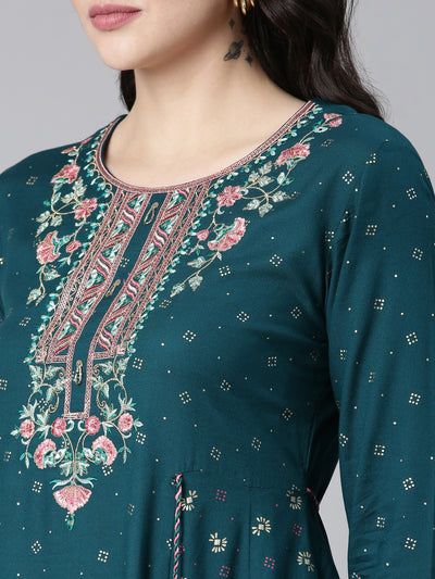 Neeru's Green Regular Anarkali Embroidered Kurta