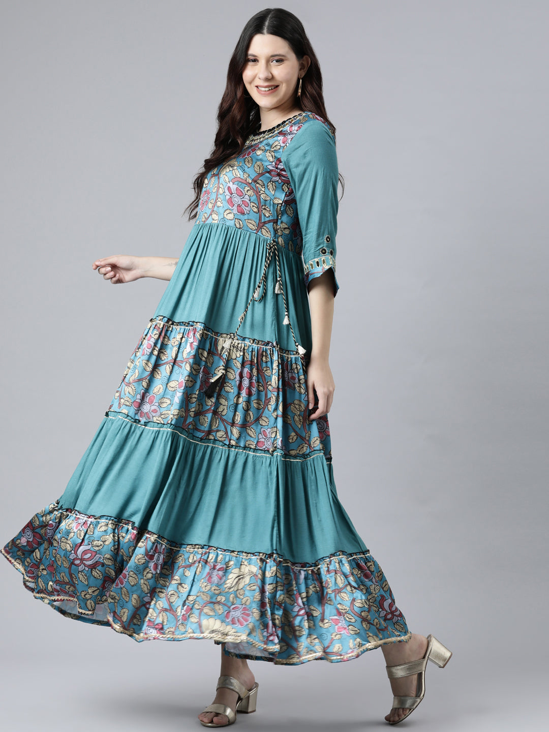 Neeru's Rama Color Satin Slik Fabric Printed Floral Dress