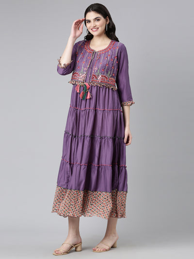Neeru's Purple Straight Casual Embroidered Dress