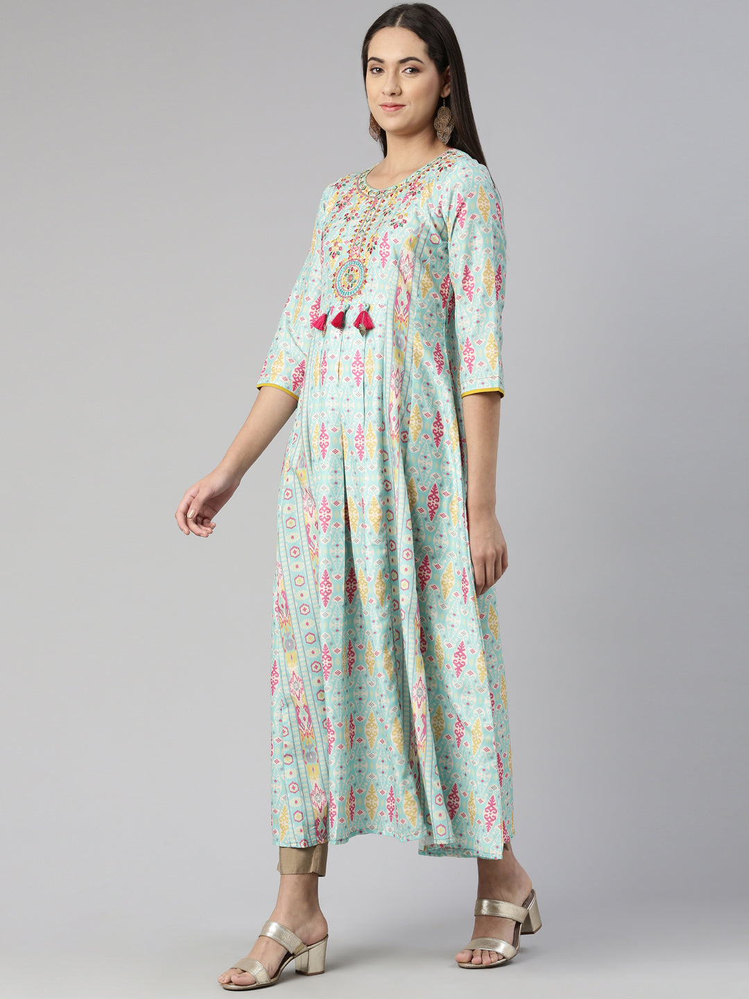 Neeru's Round Neck Floral Printed Ethnic Maxi Cotton Dress