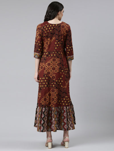 Neeru's Brown Straight Casual Printed Dress