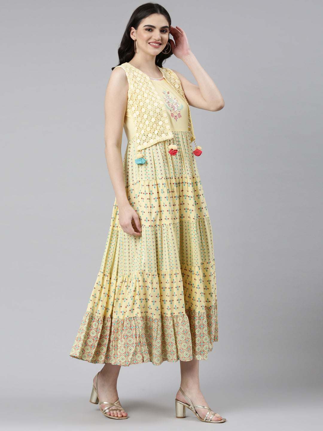 Neeru's Yellow Pleated Anarkali Solid Kurta