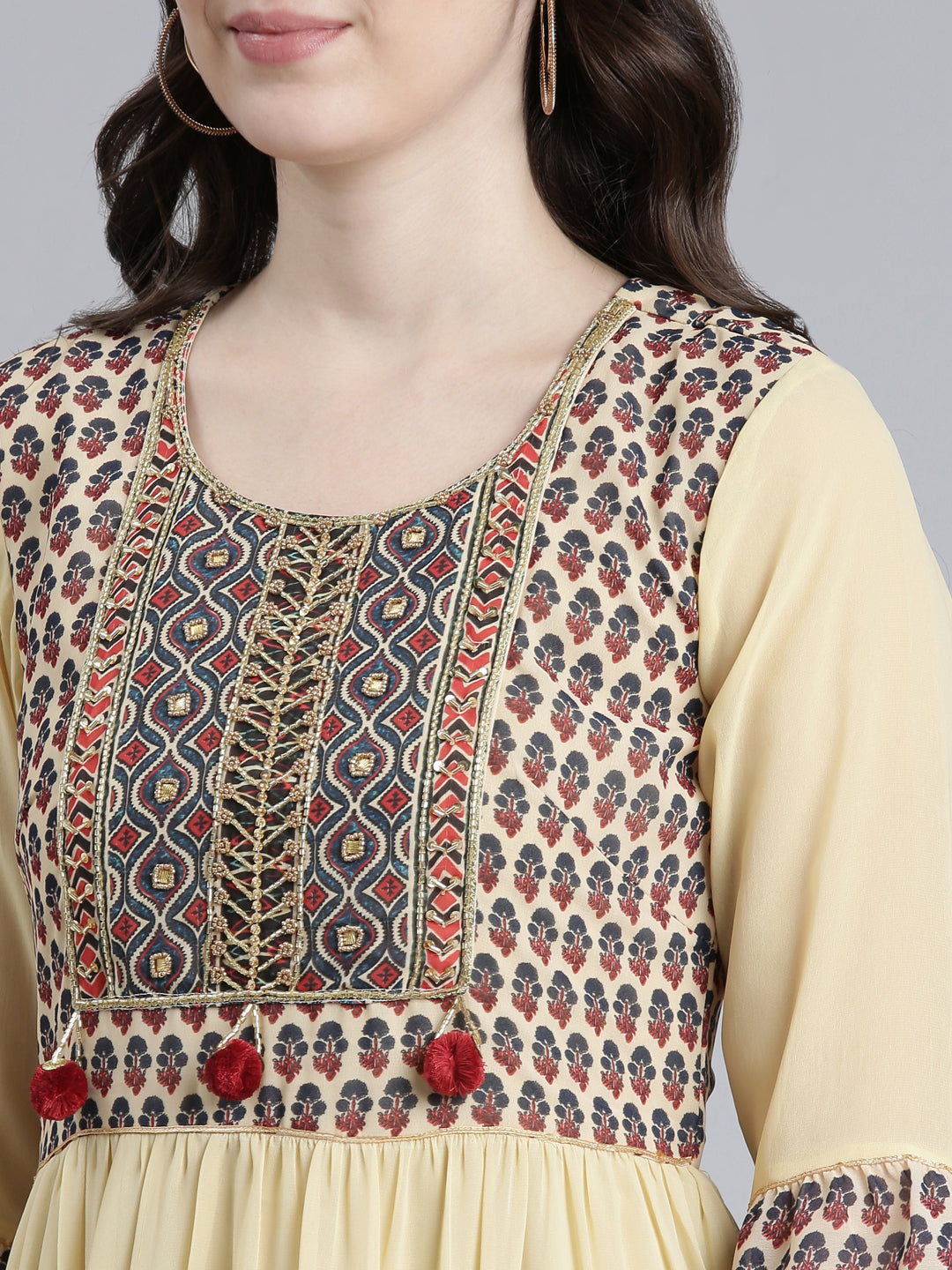 Neeru's Cream Straight Casual Printed Dress