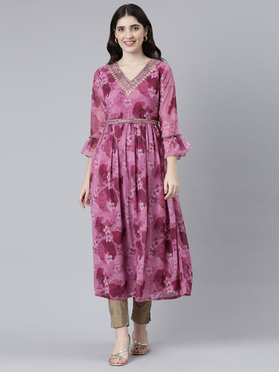 Neeru's Pink Straight Casual Printed Dress